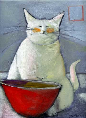 "White Cat with Red Bowl", by Paula Zima, large image and comments.